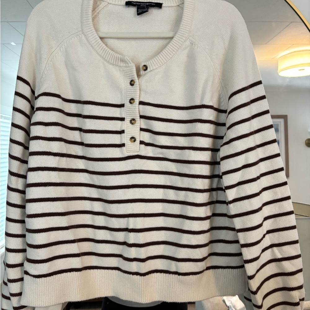 French Connection Cream and Brown Striped Henley Sweater